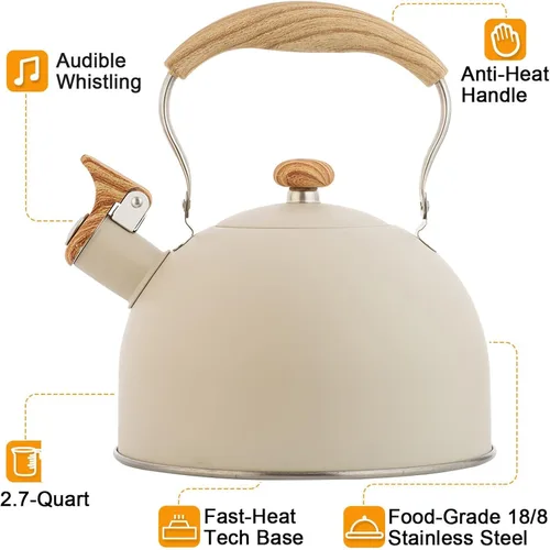 Vista 3 de Vilihkc Hervidor de té de 2.6 litros, tetera para estufa, acero inoxidable de grado alimenticio con mango plegable con patrón de madera, silbato