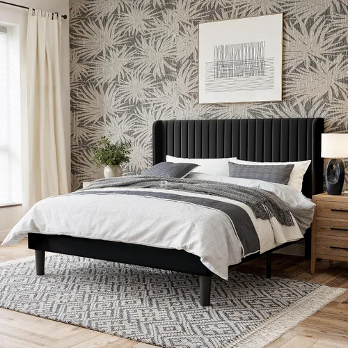 Vista 11 de GOLDORO Marco de cama King Size con base elevada, cabecera tapizada con botones verticales y alas, soporte de listones de madera, no necesita