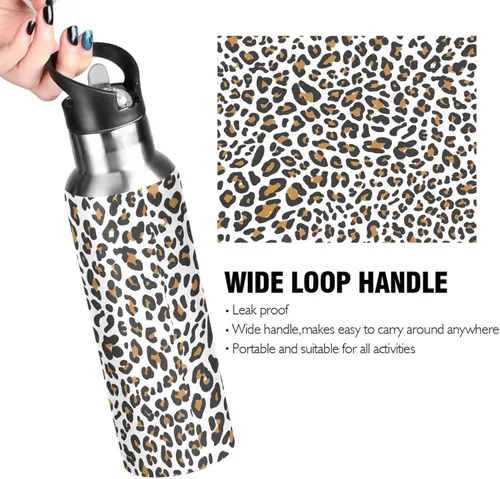 Vista 4 de Botella de agua de acero inoxidable aislada con estampado de leopardo, con popote, 20 onzas, a prueba de fugas, botella de agua deportiva sin BPA
