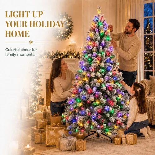 Vista 2 de Árbol de Navidad flocado de 6 pies preiluminado, árbol de Navidad Blanco (luz coloreada)