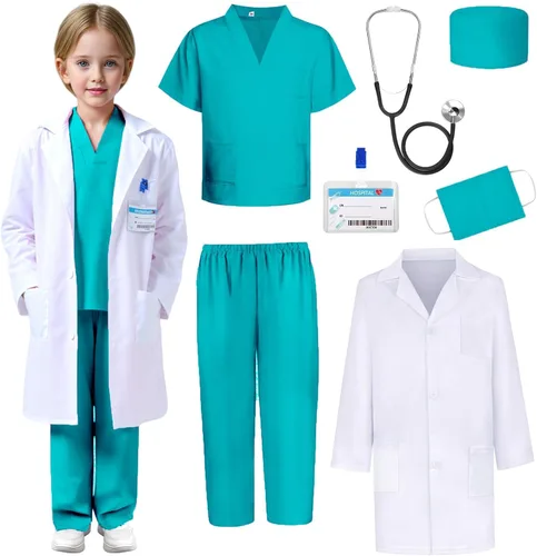 Vista 9 de Disfraz de médico para niños, disfraz de médico de Halloween, cumpleaños, cosplay, día de la carrera, juego de rol Azul