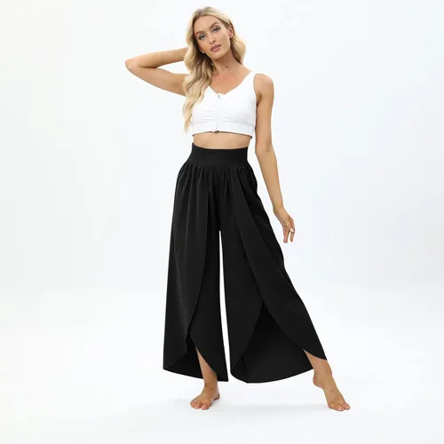 Vista 3 de Pantalones de pierna ancha con abertura y vuelo para mujer, pantalones de yoga de cintura alta, pantalones de pilates hippie, estilo bohemio, playa