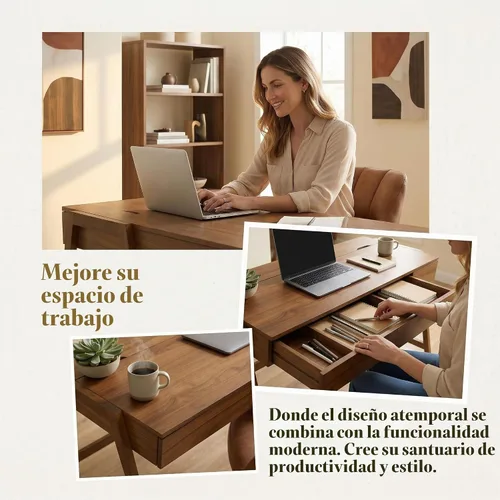 Vista 3 de HNY Escritorio de madera de nogal de 59 pulgadas con 3 cajones, mesa de estudio de computadora con parte superior de MDF, patas de madera de goma
