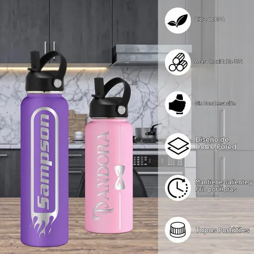 Vista 6 de Botella de agua grabada personalizada aislada con pajilla, botella de agua deportiva personalizada con nombre, botella de agua de acero inoxidable