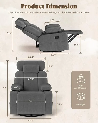 Vista 2 de Silla mecedora para guardería con reposabrazos y reposacabezas ajustables Gris