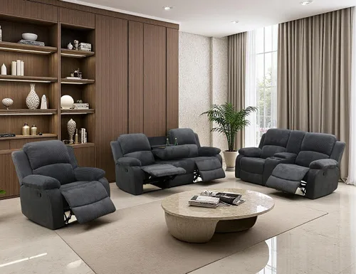Vista 38 de Juego de Muebles para Sala de Estar, Juego de Sofá Reclinable Manual, Juegos de Sofás Reclinables de Cuero Beige con Mesa Desplegable, Sofá