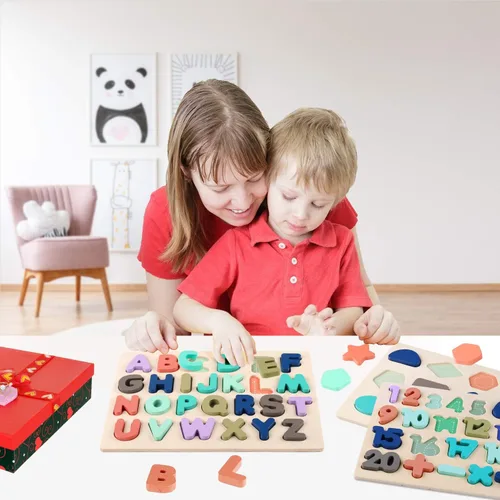 Vista 5 de Rompecabezas de madera para niños pequeños, rompecabezas de madera con forma de números del alfabeto, juguetes de aprendizaje para niños de 3, 4, 5
