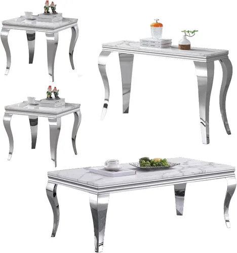 Vista 35 de SSLine Moderna mesa de centro de 1 pieza para sala de estar, mesa de centro de lujo de mármol sintético con patas de acero inoxidable en forma de S