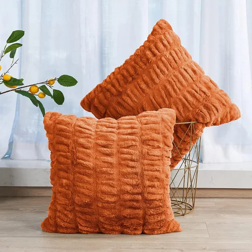 Vista 9 de Juego de 2 fundas de almohada cuadradas de piel sintética fruncida con respaldo de microvisón, funda de cojín suave de felpa de lujo para sofá