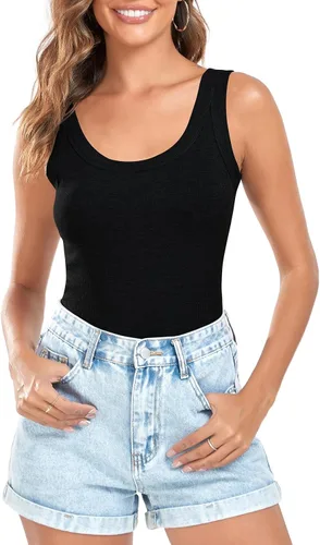 Vista 2 de LOVFEE Camiseta básica acanalada sin mangas con cuello redondo para mujer, blusas de espalda cruzada