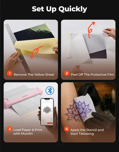 Vista 6 de MUNBYN ITP05S - Impresora de plantillas de tatuaje, impresora térmica inalámbrica Bluetooth con 20 hojas de papel de transferencia, compatible