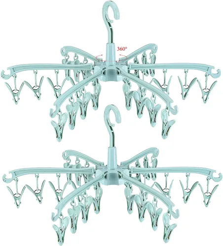 Vista 7 de Estante de Secado Plegable con 24 Clips para Secar Calcetines, Lencería, Ropa de Bebé, Toallas, Estante Giratoria para Secar Calcetines Azul