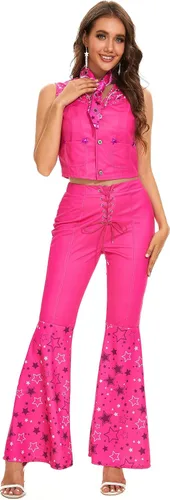 Vista 3 de Saxcdyi Disfraz de vaquera de los años 70 y 80, trajes de disco hippie de los años 70 y 80, chaleco rosa, pantalón acampanado, traje de cosplay