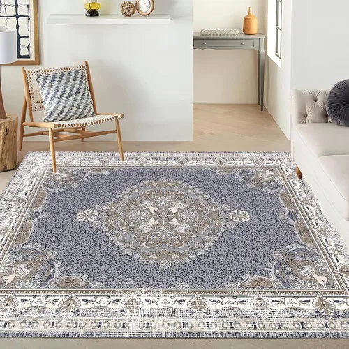 Vista 4 de Alfombra de área estampada azul, retro, envejecida, antideslizante, para interiores, sala de estar, lavable a máquina, transpirable para sala