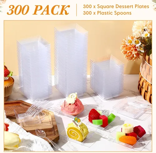 Vista 4 de 300 piezas de mini platos de postre de plástico transparente para aperitivos, plato desechable pequeño con 300 cucharas de degustación, cuadrado, 1