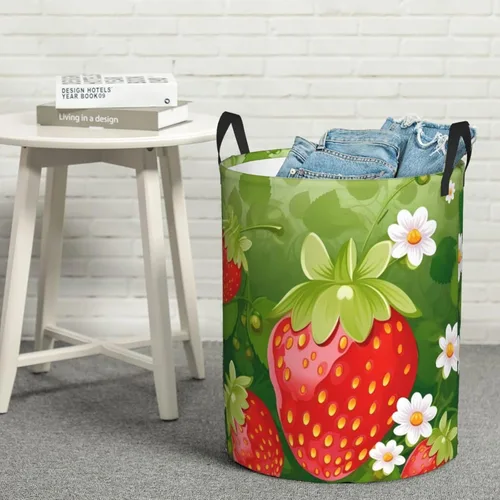 Vista 8 de Strawberry and flower print Circular Hamper Waterproof Storage Bin Organizer Basket Laundry Hamper With Handles For Clothes Toys Small