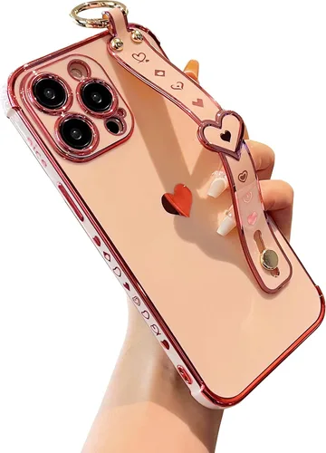 Vista 12 de DEFBSC Funda compatible con iPhone 15, con borde galvanizado, diseño de corazón con correa para la muñeca, protección completa de la cámara