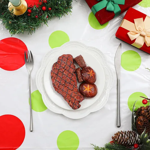 Vista 7 de Hosuly Rollo de mantel de Navidad de 100 pies x 40 pulgadas con lunares rojo y verde, mantel rectangular desechable de plástico para invierno