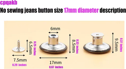Vista 2 de 20 botones para coser jeans de metal, 0.67 pulgadas, sin clavos, removibles, sin clavos, botones de metal de repuesto para reparación de remaches