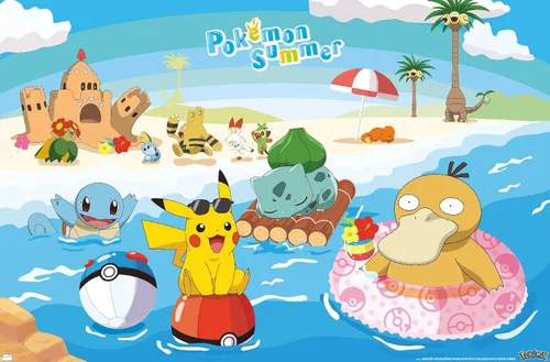 Vista 9 de Trends International Pokémon - Póster de pared de verano, 22.4 pulgadas de largo x 14.7 pulgadas, versión enmarcada en madera de granero