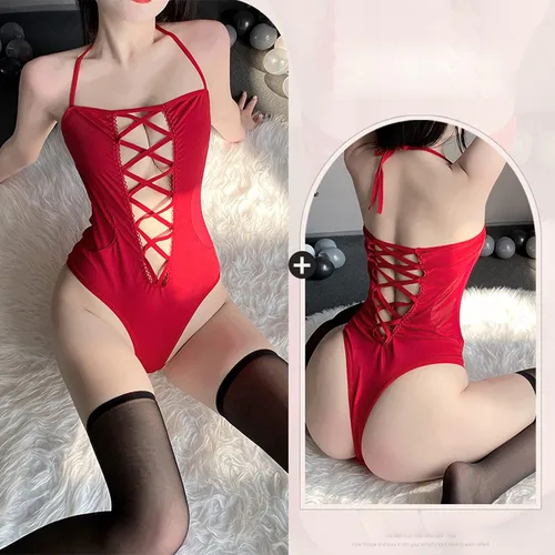Vista 2 de SINGUYUN Body de anime para cosplay, lencería para mujer, vestido kawaii, con cordones, hueco japonés, lencería sexy