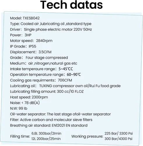 Vista 8 de TUXING Compresor de aire PCP de 4500 psi, 100L/min, 3.5CFM, 110V/60HZ monofásico, estación de llenado de aire de alta presión y sistema de carga