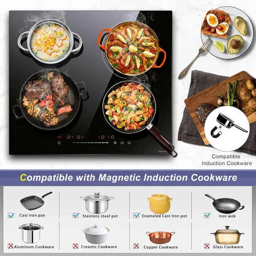 Vista 4 de NOXTON Cocina de inducción de 4 quemadores, estufa de inducción de 24 pulgadas con control táctil deslizante, 9 niveles de potencia, función