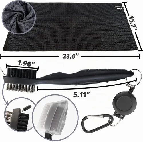 Vista 2 de Kit de accesorios de golf - Toalla de golf de microfibra con patrón de gofre y clip, cepillo limpiador de ranuras para palos con clip, herramienta
