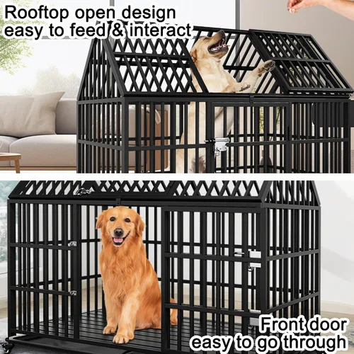 Vista 5 de Jaula resistente para perros de 58 pulgadas, jaula para mascotas duradera con techo, 2 puertas, bandejas extraíbles, ruedas con cerradura a prueba