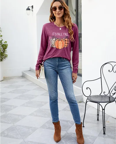 Vista 6 de BAOKUAN Sudaderas con estampado de calabaza para mujer, cuello redondo, casual, manga larga para otoño
