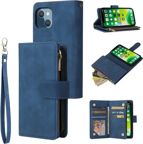 Vista 12 de UEEBAI Funda para iPhone 13 de 6.1 pulgadas, Cartera de piel sintética retro a prueba de golpes con función de soporte de ranuras para tarjetas Azul