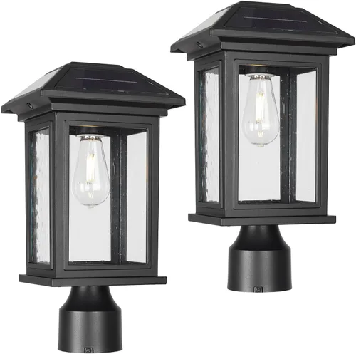 Vista 11 de Luces de poste solares para exteriores, lámparas de poste negro impermeables y antioxidantes con vidrio transparente, lámpara LED alimentada por