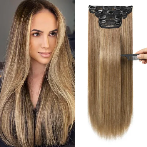 Vista 22 de REECHO - Juego de 4 extensiones de cabello sintético con clip de 12 pulgadas, 14 pulgadas y 16 pulgadas, lacio, largo y grueso, marrón oscuro