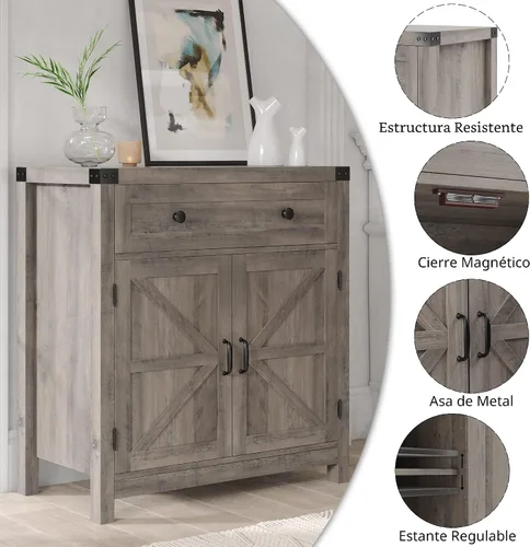 Vista 7 de HOSTACK Armario de almacenamiento de cocina, gabinete de barra de café de granja, gris ceniza Small Buffet Cabinet with Doors & Wide Drawer, Wood