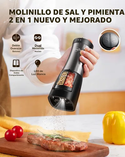 Vista 2 de Sangcon Molinillo eléctrico automático de sal y pimienta 2 en 1 con luz LED Funciona