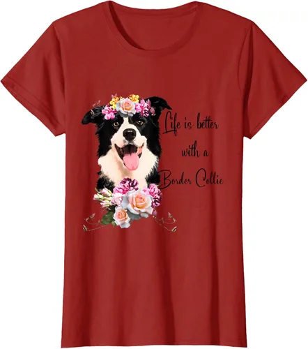 Vista 78 de Life is Better With a Border Collie - Camiseta de perro lindo con flores, gris, S Gris Oscuro