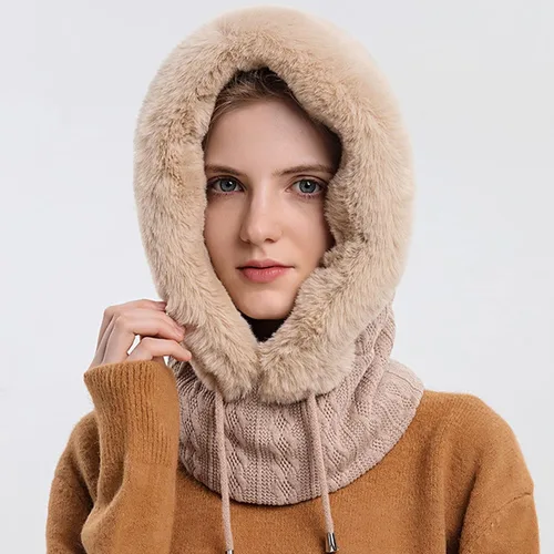 Vista 2 de Gorro de forro polar holgado de una pieza para mujer, bufanda con capucha, pasamontañas, cálido invierno, resistente al viento, con cordón