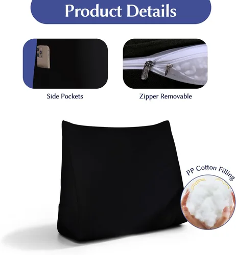 Vista 4 de WOWMAX Almohada de espalda para cama sentada, almohada de cuña para respaldo de cama y sofá, 85% lino y 15% mezcla de algodón, color negro