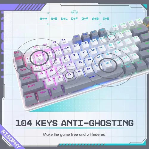 Vista 3 de Teclado mecánico inalámbrico, triple modo 2.4GUSB-CBluetooth para juegos, 104 teclas programables, retroiluminación RGB personalizable, interruptor