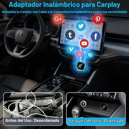 Vista 6 de Mini Adaptador Inalámbrico CarPlay para iPhone, 2 en 1 para Apple CarPlay y Adaptador Android Auto, Convierte de Cableado a Inalámbrico, Plug & Negro