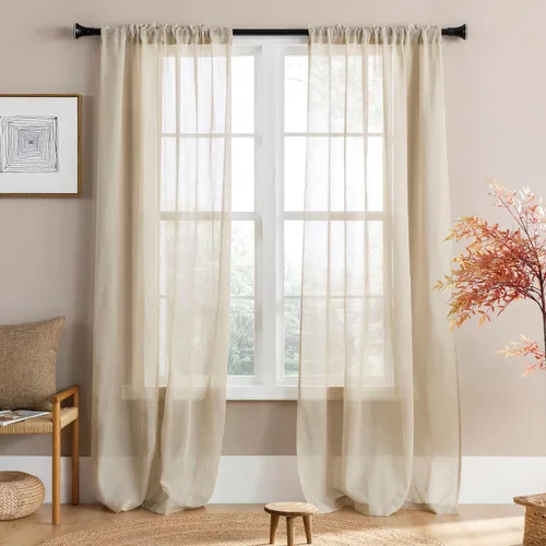 Vista 10 de Cortinas rústicas para ventana de cocina, cortinas de lino transparentes con bolsillo para barra para ventanas cortas, juego de 2 paneles, 42