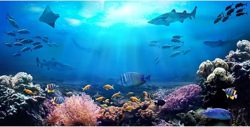 Vista 9 de AOFOTO Telón de fondo submarino de 5 x 3 pies para fotografía, acuario, fondos marinos, rocas, luces, coral y peces, escena tropical del océano bajo