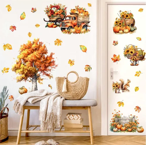 Vista 7 de Calcomanías de pared de árbol de arce, calcomanías de pared de otoño con hojas de otoño, calcomanías de pared de hojas de árbol amarillo