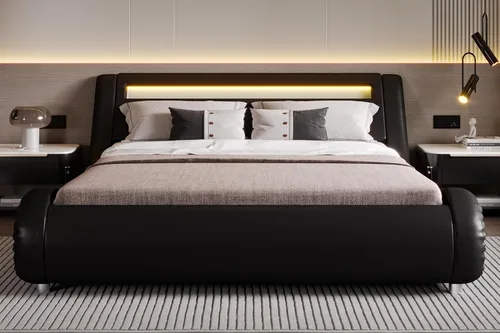 Vista 6 de SHA CERLIN - Marco de cama de tamaño matrimonial con cabecera LED tapizada moderna, color negro Low Profile Sleigh Design, Adjustable Headboard