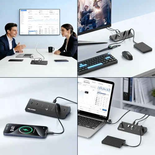 Vista 7 de Hub USB alimentado de 7 puertos, divisor USB de datos de alta velocidad de 10 Gbps (4 puertos USB-A y 3 puertos USB-C), concentrador de aluminio