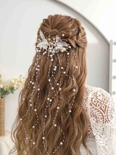 Vista 3 de CASDRE Mariposas novia boda pelo vid plata perla novia diadema diadema Rhinestone accesorios para el cabello para mujeres y niñas