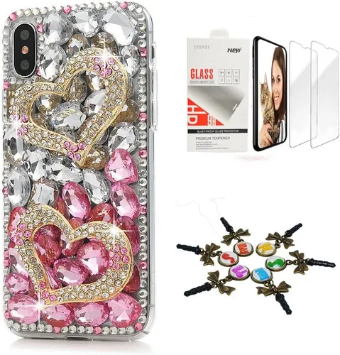 Vista 7 de Sparkle Funda compatible con iPhone 12, elegante funda 3D hecha a mano con diseño de mariposa, rosas, diamantes de imitación y purpurina