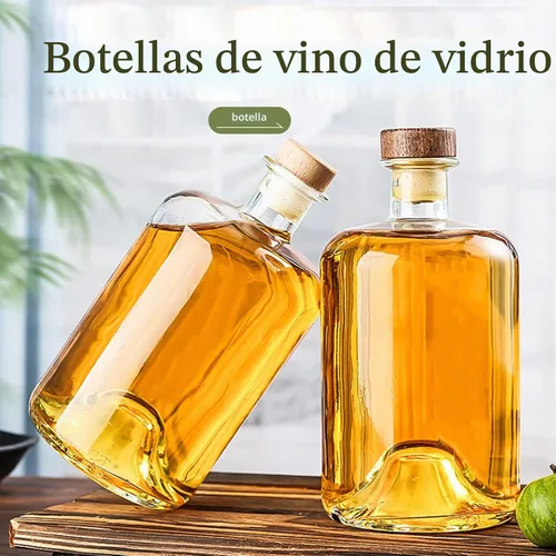 Vista 4 de Paquete de 2 botellas de licor de vidrio transparente de base pesada de 25 onzas con tapas de madera en T, botellas de vino transparentes, botellas