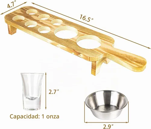 Vista 2 de Bandeja para servir vasos de chupito de tequila con juego de 6 vasos de chupito, soporte de madera único para beber, servir, exhibir y almacenar