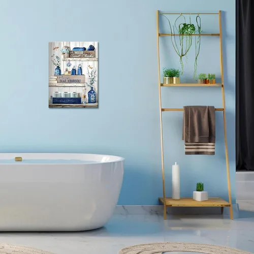 Vista 5 de BFKDKG Arte Decorativo de Pared para Baño Azul Marino Lienzo de Pared Decorativo para Baño Azul Rústico Por Favor Siéntate en Tu Propio Logo Pintura
